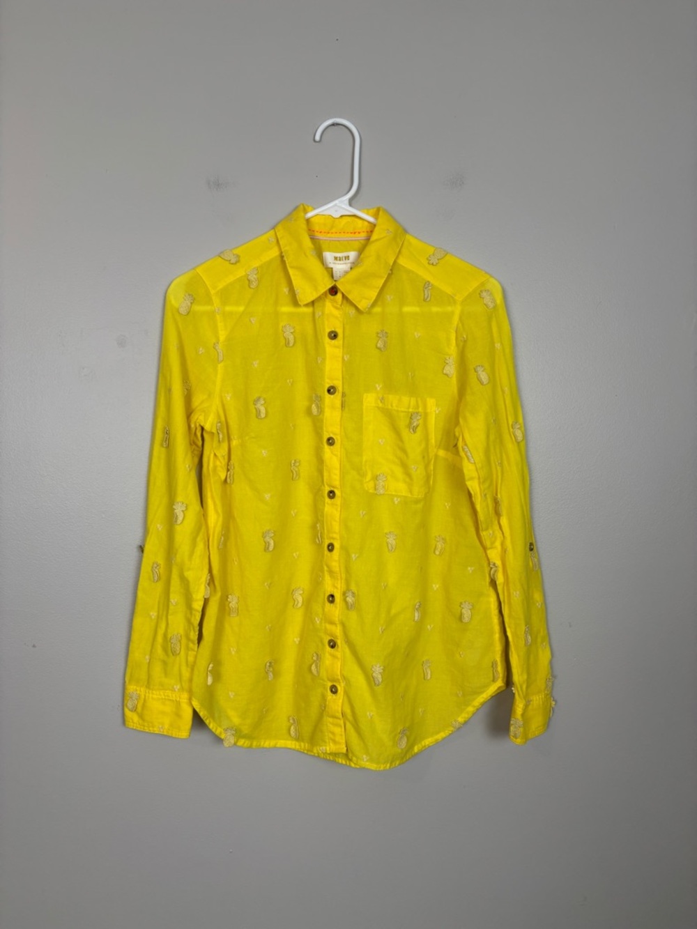 Maeve by Anthropologie Top Womens 4 Yellow Pineapple Button Front Roll Tab Shirt